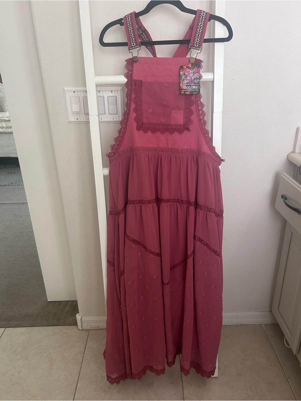 Boho Tiered Pinafore Dress in Dusty Rose